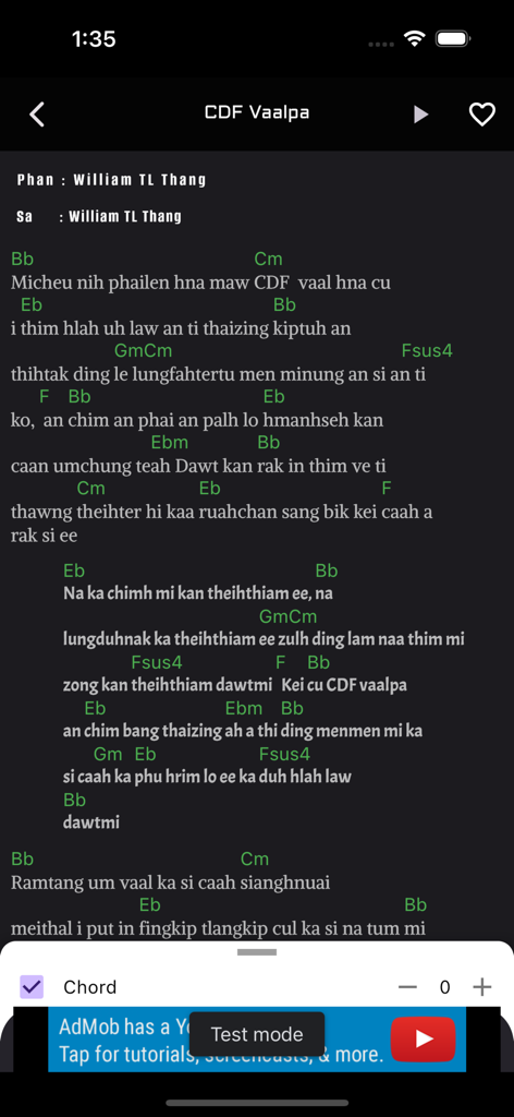 Laihla Lyrics - A screenshot of the Laihla Lyrics app showing Hakha Chin lyrics and guitar chords for a song