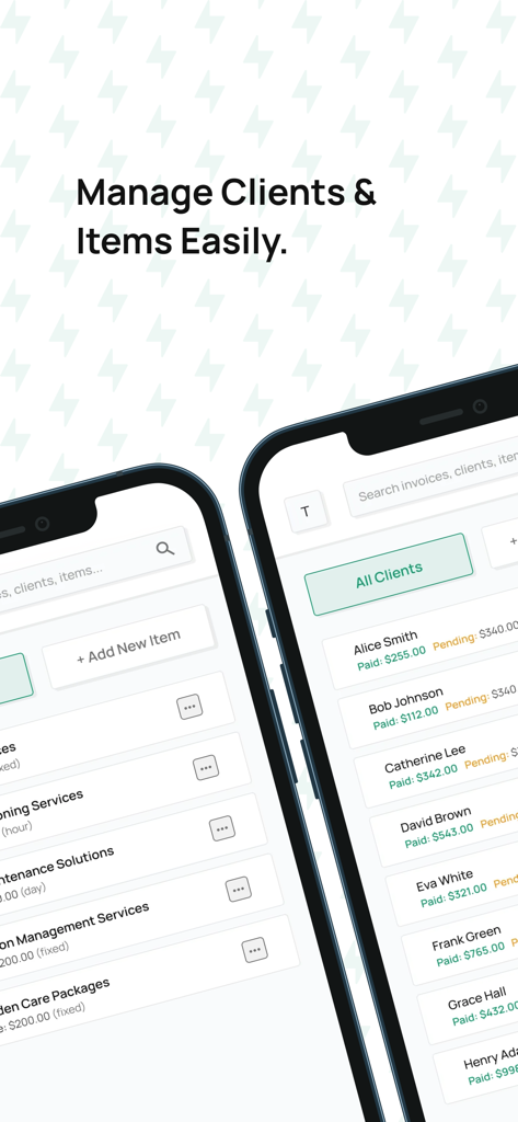 Invoice Generator App - Dois iPhones que exibem os ecrãs da aplicação de faturação para gerir estados de pagamento de clientes e listas de serviços detalhadas