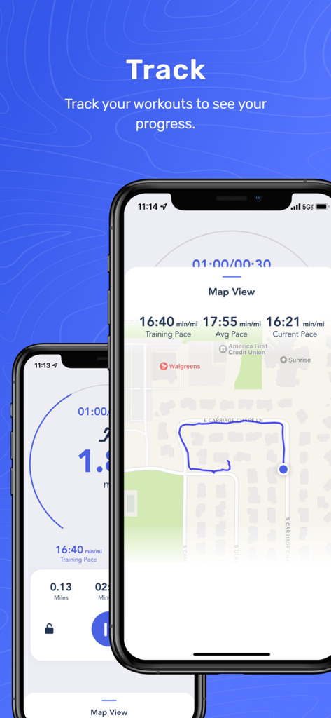 Jeff Galloway Run Walk Run - GPS tracking and map view of a workout in the Jeff Galloway Run Walk Run app