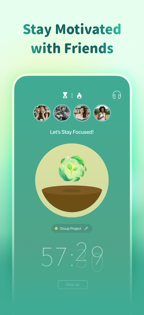 Forest app screenshot showing a group focus session with friends and a countdown timer.