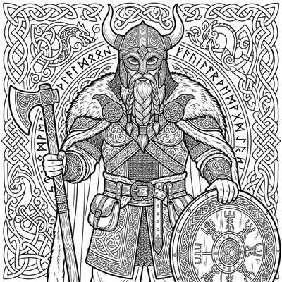Journey back to the age of Norse legends with this magnificent Viking King coloring page. Adorned in detailed armor and wielding his axe and shield, he awaits your creative touch to bring his story to life.