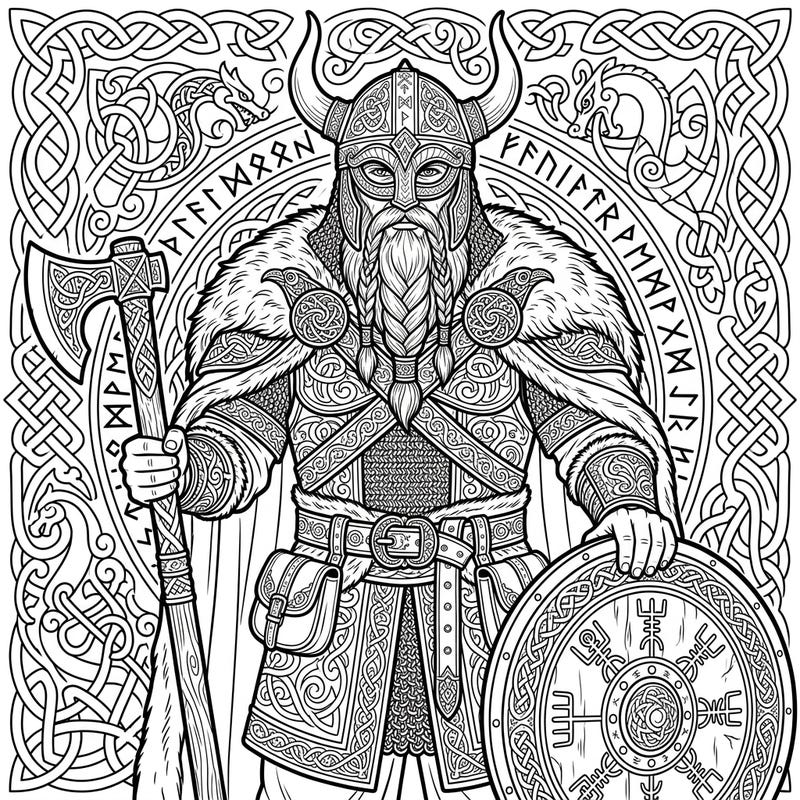 Journey back to the age of Norse legends with this magnificent Viking King coloring page. Adorned in detailed armor and wielding his axe and shield, he awaits your creative touch to bring his story to life.