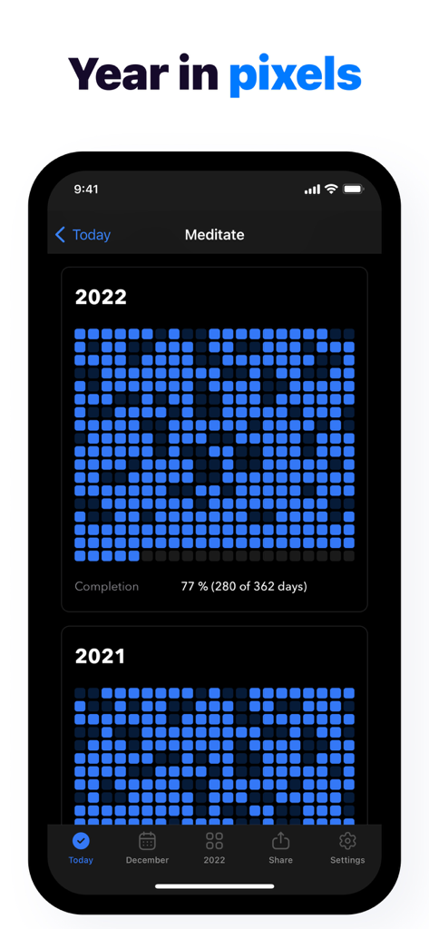 Habit Tracker - Evoday - Cuadrícula de seguimiento de hábitos anual en la aplicación Evoday que muestra el progreso de la meditación con píxeles azules sobre un fondo oscuro.