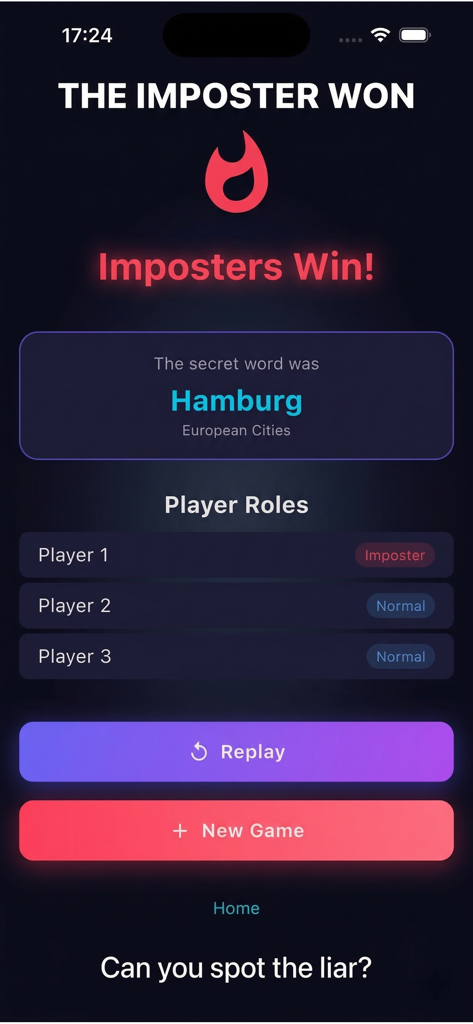 Imposter Game: City Party - Pantalla de resultados del Imposter Game que muestra que el impostor ganó la ronda con la palabra secreta Hamburgo