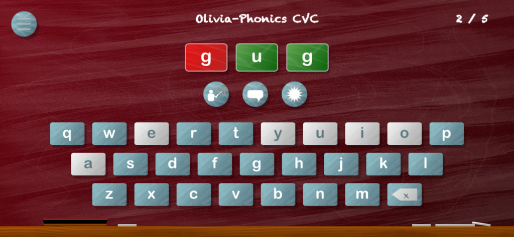 Simplex Spelling Phonics CVC - Uma tela de exercício de ortografia do aplicativo Simplex Spelling Phonics CVC com fundo de quadro-negro e teclado digital