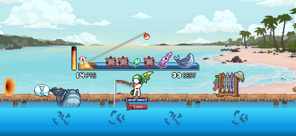 Pixel-Art-Charakter spielt ein Angel-Minispiel auf einem tropischen Strandsteg in IdleOn Idle RPG