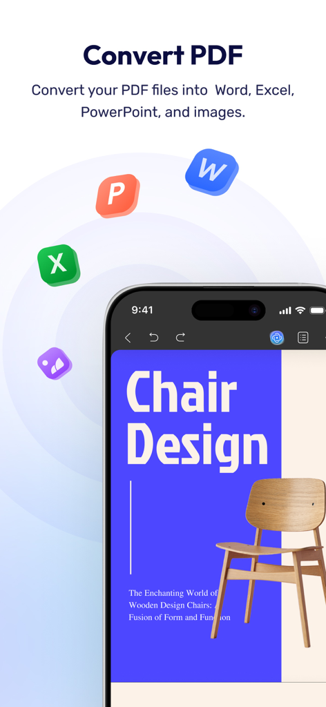 Ein Smartphone-Bildschirm, der die Funktion der UPDF-App zur Konvertierung von PDF-Dateien in Word-, Excel- und PowerPoint-Formate anzeigt.