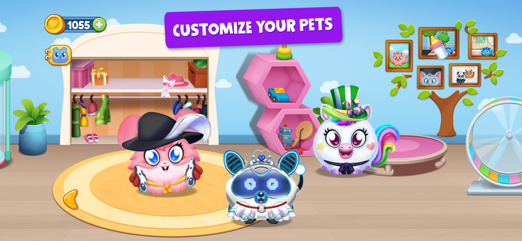 Town Pets: Hatch & Grow - Tres coloridas mascotas virtuales vestidas con disfraces en una sala de juegos con el texto Personaliza Tus Mascotas