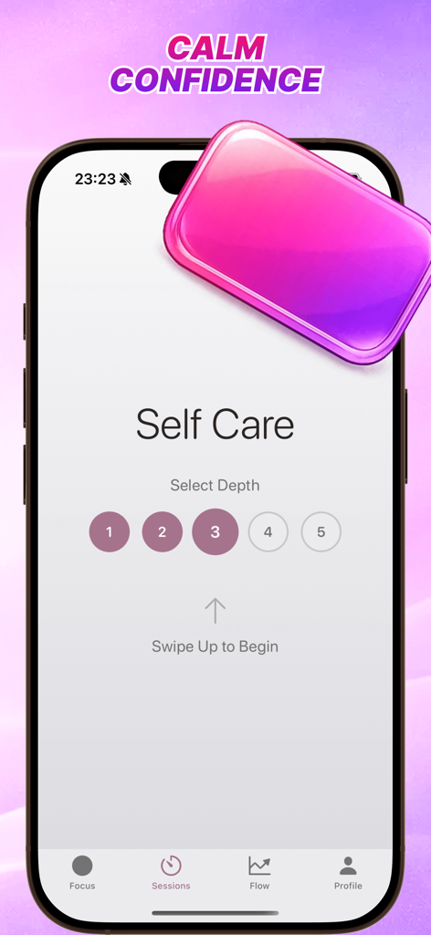 Tаngο Lιʋε:Soft Attention - Captura de pantalla del iPhone de la aplicación Tango Live que muestra la configuración de una sesión de enfoque de autocuidado con cinco niveles de profundidad y diseño minimalista