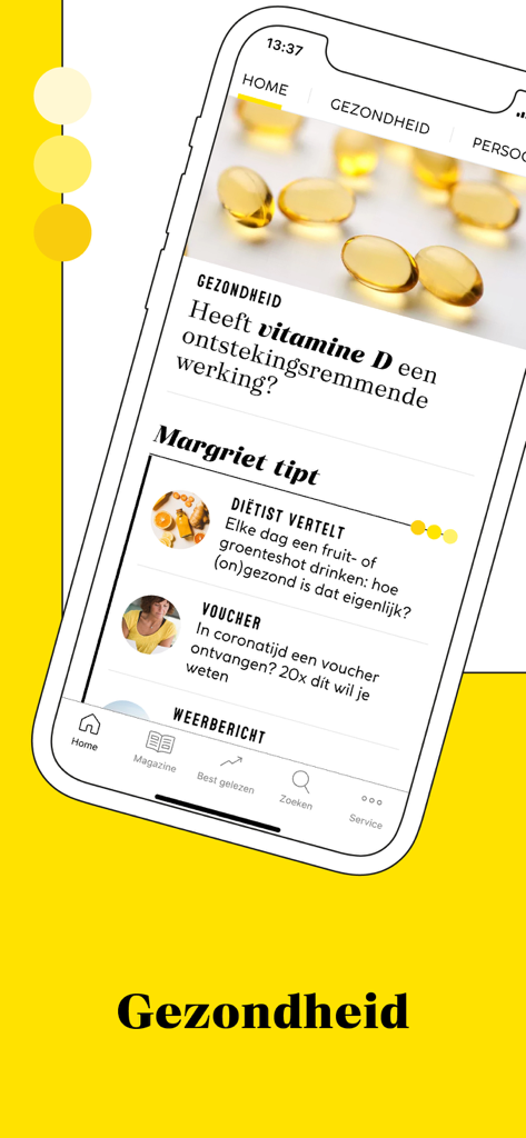 La sección de salud de la aplicación móvil Margriet con un artículo sobre la vitamina D y consejos de estilo de vida.