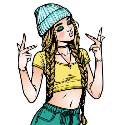 realistic teenage girl with braids and a beanie and crop top doing 🫶🏼
