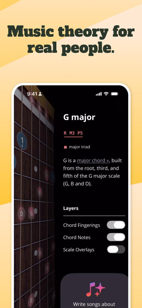 Pantalla de la aplicación ChordBank que muestra detalles de teoría musical para un acorde de guitarra de Sol mayor, incluyendo notas y superposiciones de escalas.