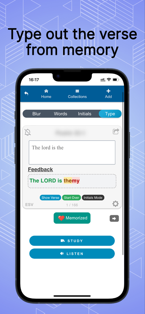 Mobile app interface showing a typing challenge to memorize Bible verses with real time feedback