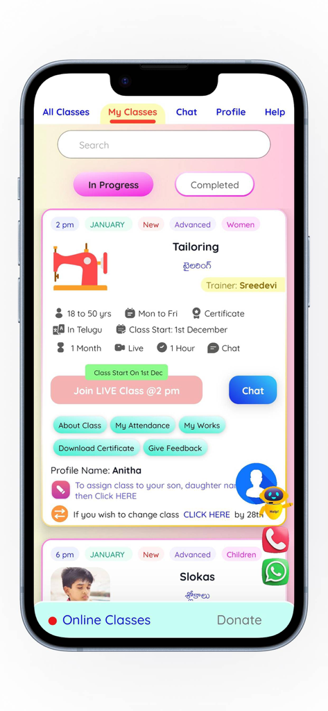 Free Gurukul - Free Gurukul mobile app screen showing available online classes like tailoring and slokas for the Telugu community