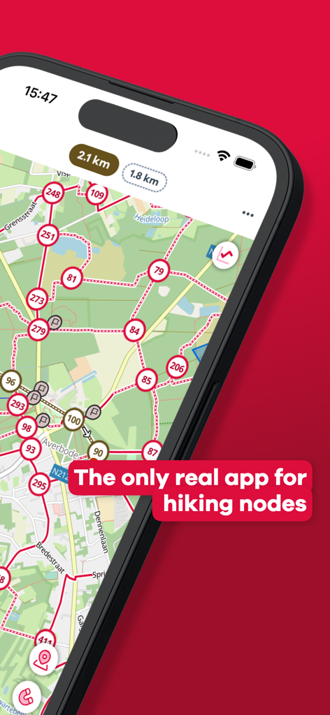 NodeMapp Hike - A smartphone showing the NodeMapp Hike app with a detailed hiking network map featuring numbered nodes and connecting paths.