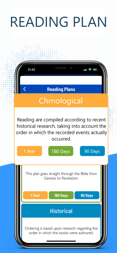 La Biblia del Oso 1569 - La Biblia del Oso 1569 app showing chronological and historical bible reading plan options on a mobile screen