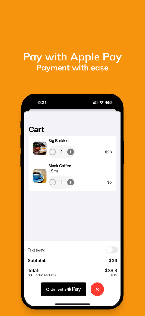 Hivive Order - The checkout screen of the Hivive Order app showing items in the cart and the Order with Apple Pay button