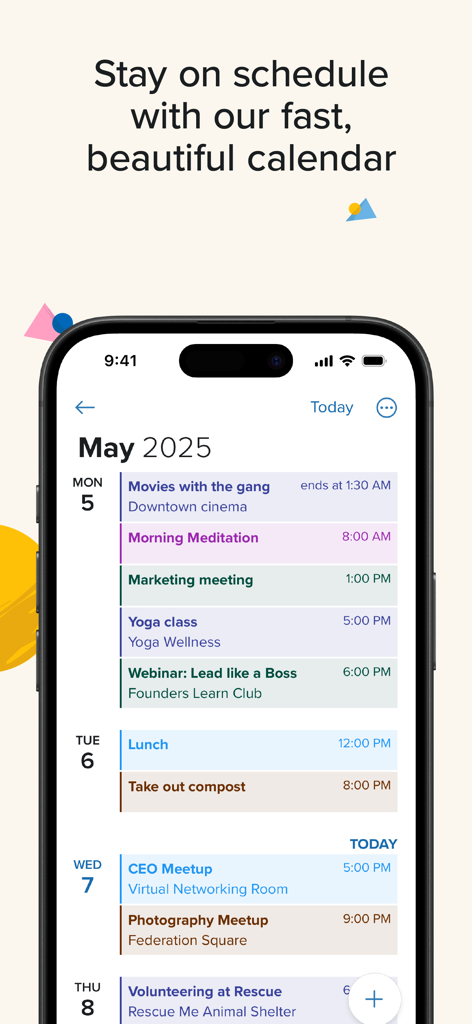 iPhone displaying the Fastmail calendar interface with a detailed schedule of daily appointments and events.