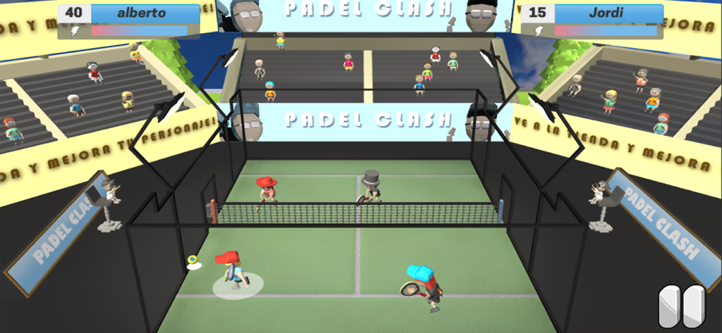 Jugabilidad de Padel Clash mostrando un partido de dobles de raqueta 3D en un estadio