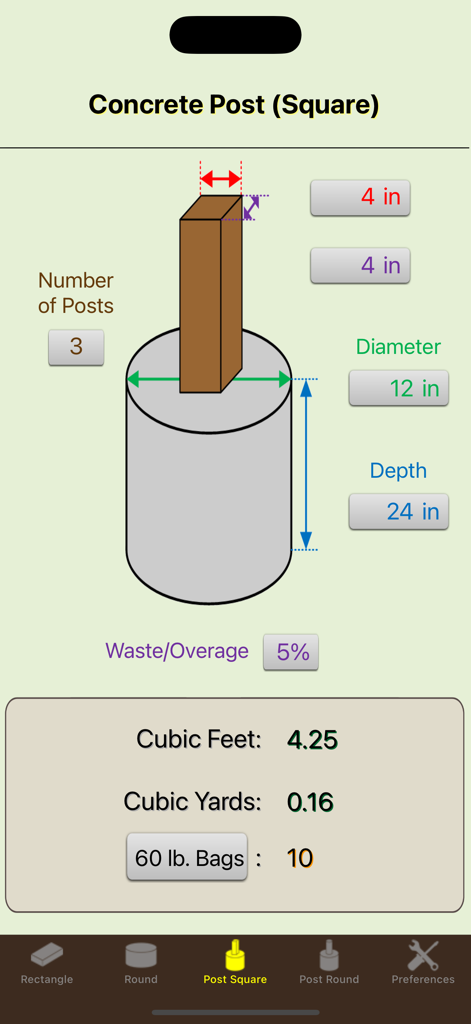 Concrete Calculator Elite app interface showing a square post footing calculation with volume and 60 lb bag results