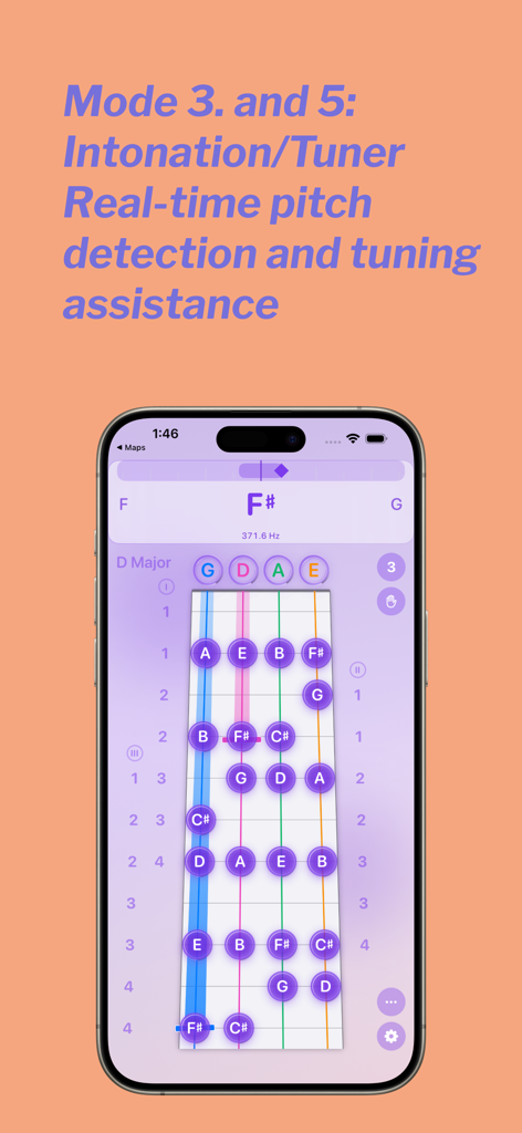 Violin Vista app screenshot showing real-time pitch detection and intonation tuner with a violin fingerboard map