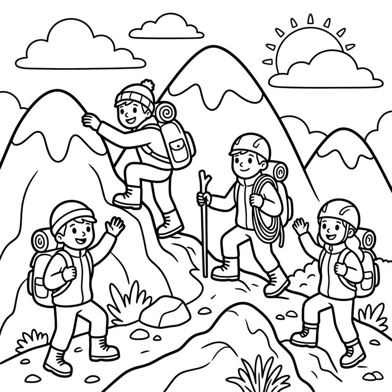 Join a group of happy toddler mountain climbers on their exciting ascent. This engaging coloring page features thick lines and large areas, perfect for little ones to practice their motor skills and creativity.