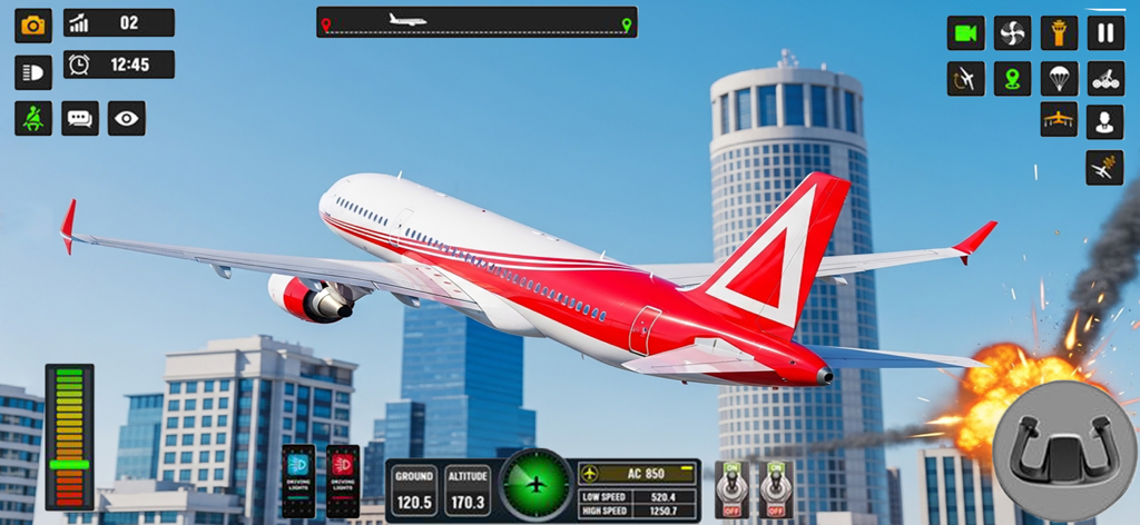 Flight Pilot Sky Airplane Game - A white and red commercial airplane flies over city skyscrapers with an explosion in the background in a flight simulator game.