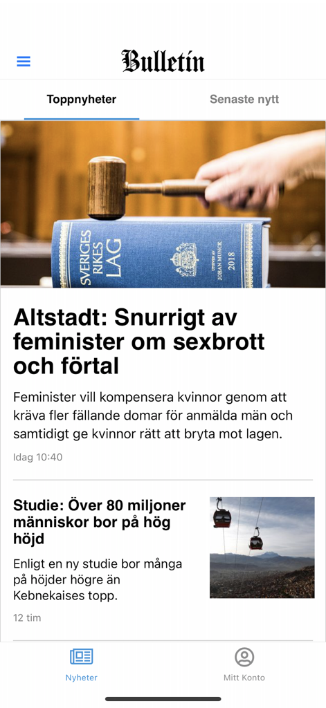 O feed de notícias do aplicativo móvel Bulletin exibindo artigos e manchetes de notícias suecas
