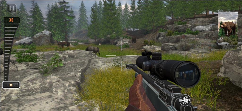 Ghost Shooting: 3d fps game - First person view of a sniper rifle targeting a bear in a forest hunting mission