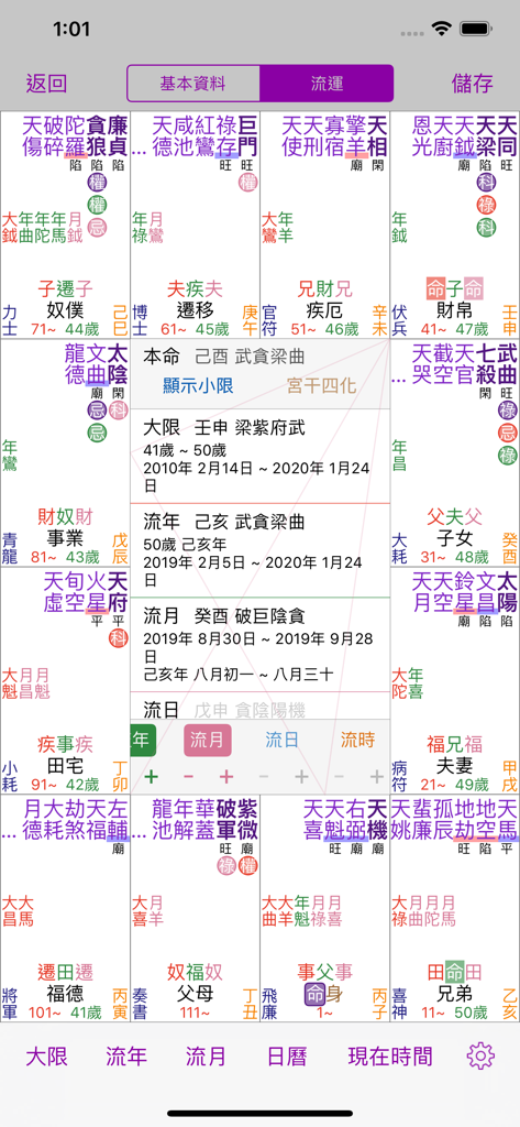 A professional Zi Wei Dou Shu astrological chart showing detailed stars and life cycle periods in Chinese