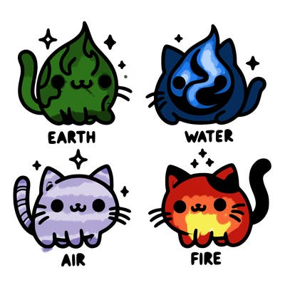 4 cats that represent the different elements, earth, water, air, and fire
