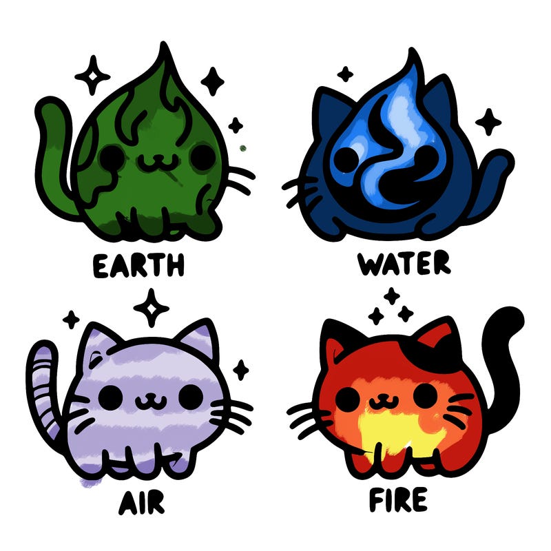4 cats that represent the different elements, earth, water, air, and fire