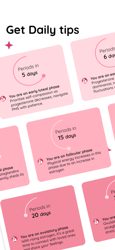 Life - Period Tracker Calendar - Pink information cards showing daily health tips and cycle phase insights in the Life Period Tracker app