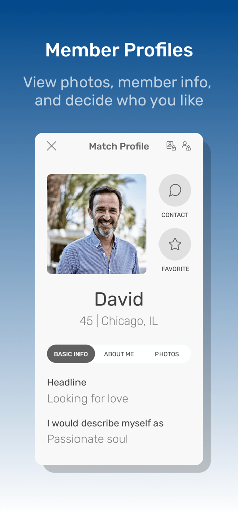 Ein Mitgliederprofil in der jüdischen Dating-App JSingles, das einen 45-jährigen Mann aus Chicago zeigt.