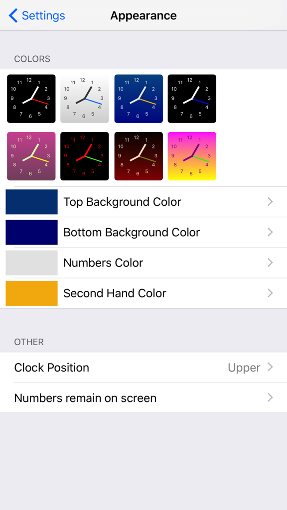 Appearance settings screen in the Gravity Clock app showing color customization options and clock face presets