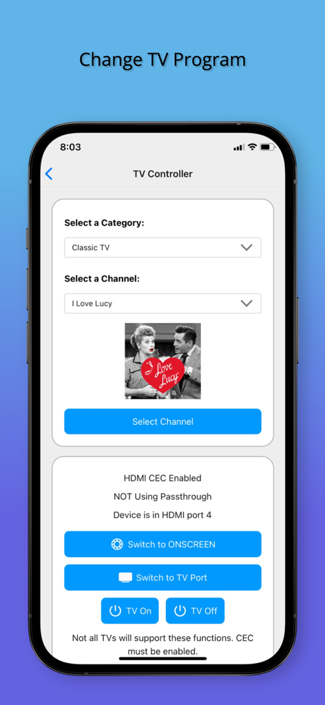 ONSCREEN Family - Senior Care - Remote TV control interface within the ONSCREEN Family senior care app showing channel selection and power controls.