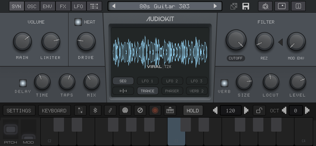 VIRAL Synth T2x | Synthesizer - Main dashboard of the VIRAL Synth T2x synthesizer app with sound adjustment knobs and waveform display