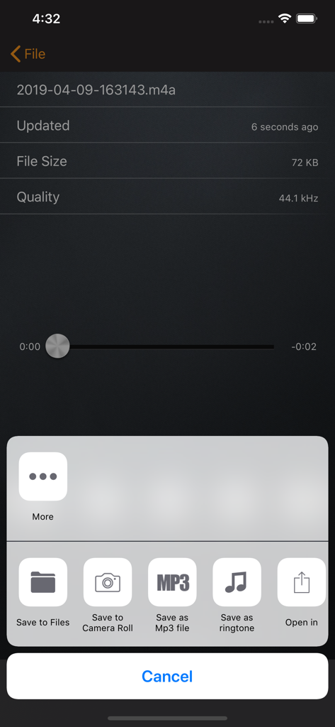 RecorderHQ app interface showing audio file details and export menu with options to save as MP3 or ringtone.