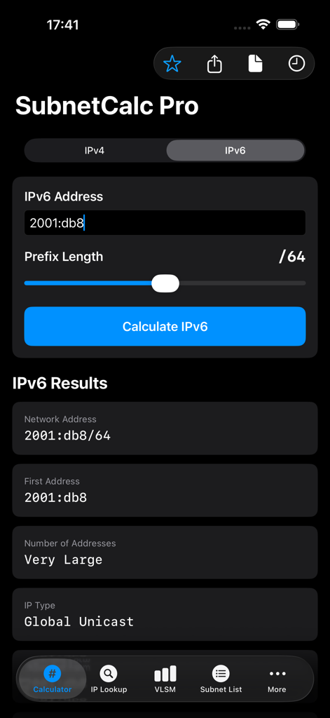 SubnetCalc Pro - IPv6 서브넷 계산 및 네트워크 결과를 위한 SubnetCalc Pro 앱 인터페이스