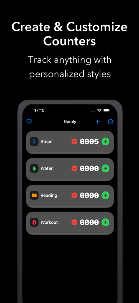 Numly AI: Smart Tally Counter - Smartphone display showing Numly AI habit tracking counters for steps water reading and workouts