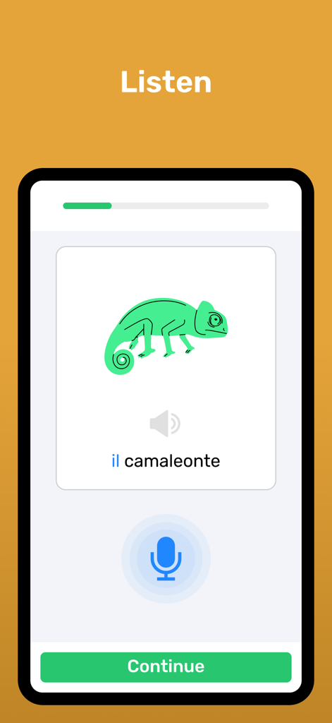 Wlingua - Learn Italian - Italian language learning app interface showing a listening exercise with a chameleon illustration and the word il camaleonte.