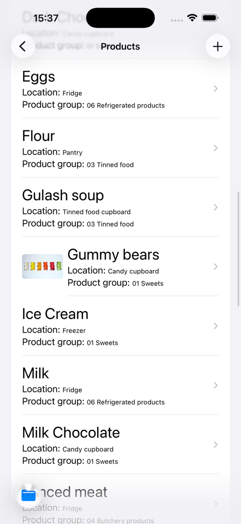 Grocy Mobile - Screenshot of the Grocy Mobile products screen showing an organized list of inventory items like eggs and milk with their storage locations
