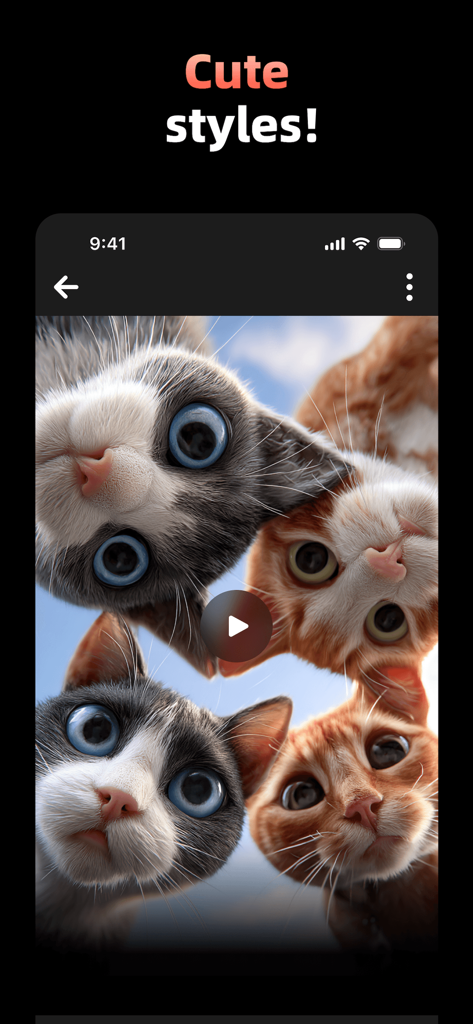 Aurora - AI Video Generator - Aurora AI Video Generator app screen showing cute kittens with a play button overlay