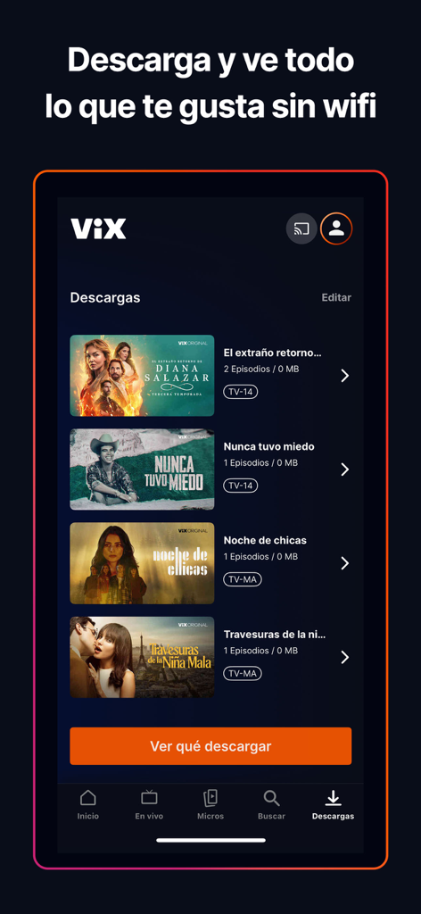 Interfaz de la aplicación ViX mostrando la sección de descargas con varios programas de televisión y películas en español para ver sin conexión