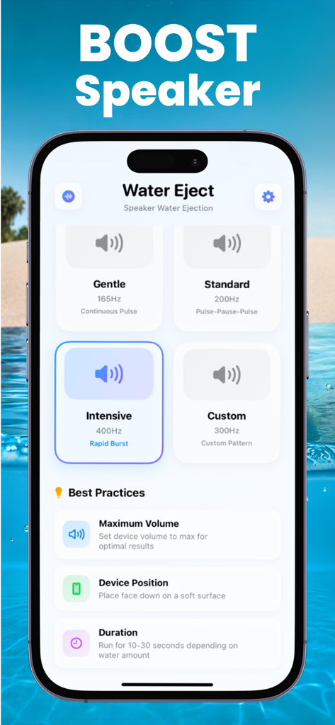 Water Eject Pro - Water Eject Pro app interface showing speaker boost and frequency cleaning modes on an iPhone