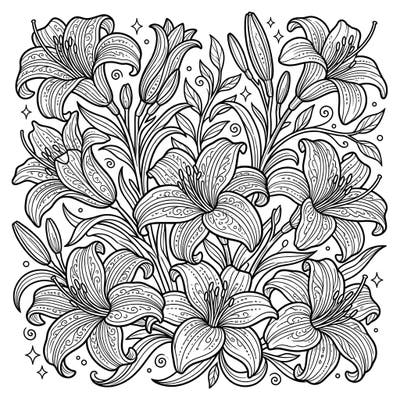 Embrace the beauty of spring with this stunning daylily coloring page, meticulously designed for adults. Its intricate details offer a perfect escape for stress relief and mindful creativity.