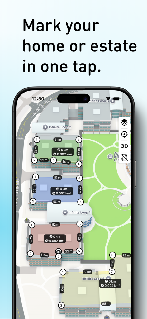 Planimeter: Area & Distance - Interface de l'application Planimeter montrant une carte satellite 3D avec des mesures de surface et de périmètre du terrain