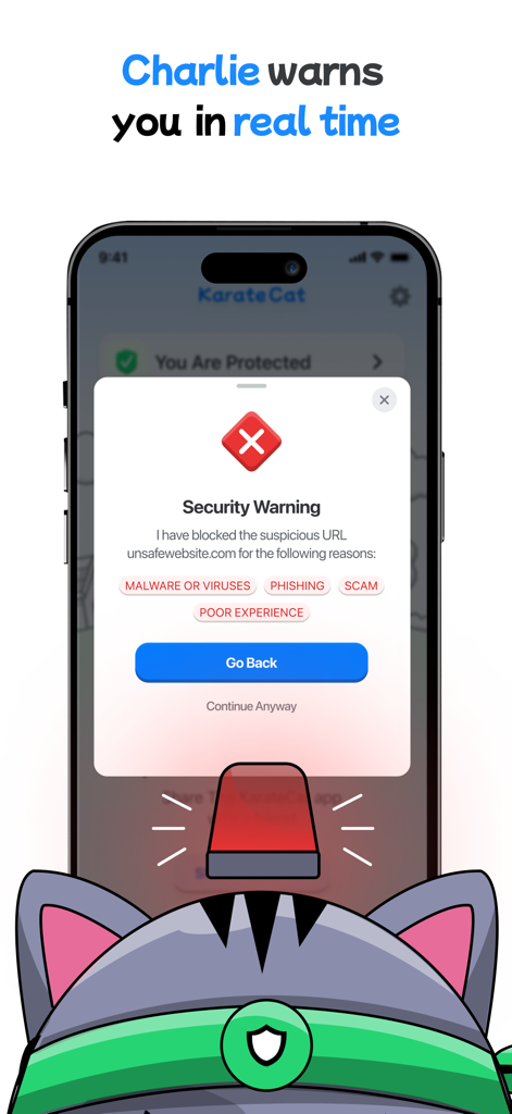 Real-time security warning notification in the Mobile Shield app for iPhone