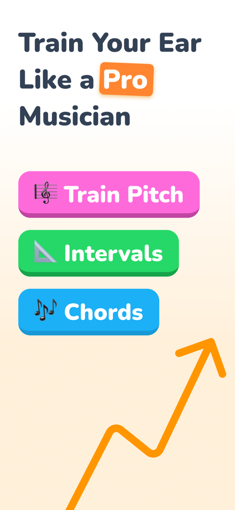 Pitch Trainer - Ear Training - Menu principal do aplicativo Pitch Trainer mostrando opções para treinamento de intervalos de afinação e acordes com uma seta de crescimento para cima