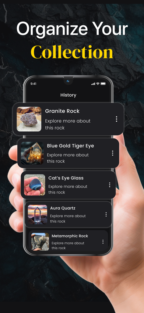 A hand holding a smartphone displaying a history of identified rocks and crystals including Granite, Tiger Eye, and Aura Quartz within the Rock and Stone Identifier app.